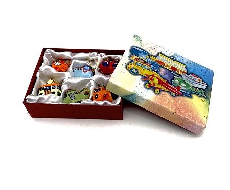 Коллекция керамических ёлочных игрушек 'Транспорт' в подарочной коробке