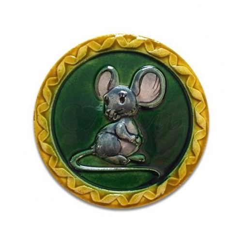 Изразец керамический круглый 'Мышь' цветной 9 см