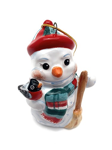Керамическая ёлочная игрушка 'Снеговик со снегирём'